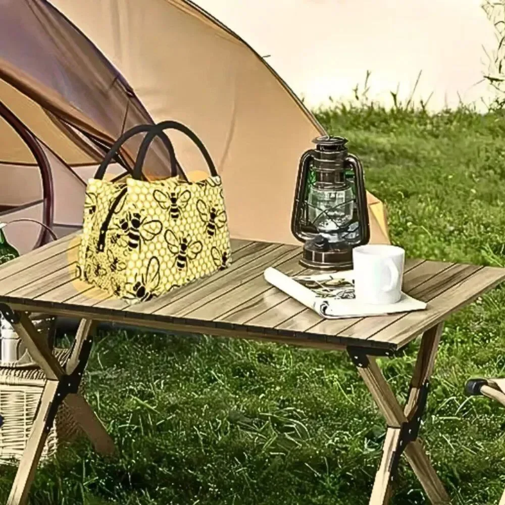 Bee Theme Honeycomb Pattern Insulated Lunch Bag - Reusable Cooler Tote